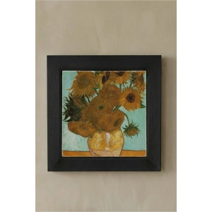 Vincent Van Gogh - On İki Ayçiçekli Vazo - Doğal Ahşap Çerçeveli Taş Tablo