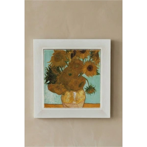 Vincent Van Gogh - On İki Ayçiçekli Vazo - Doğal Ahşap Çerçeveli Taş Tablo