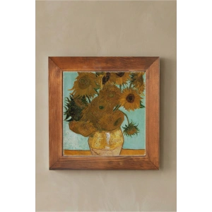 Vincent Van Gogh - On İki Ayçiçekli Vazo - Doğal Ahşap Çerçeveli Taş Tablo