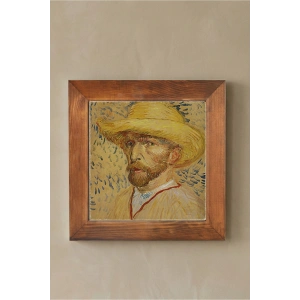 Vincent Van Gogh - Self-Portrait with a Straw Hat - Doğal Ahşap Çerçeveli Taş Tablo