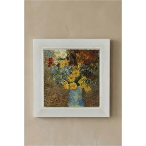 Vincent Van Gogh - Flowers in a Blue Vase - Doğal Ahşap Çerçeveli Taş Tablo