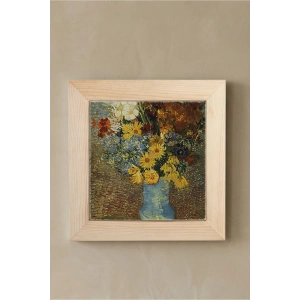 Vincent Van Gogh - Flowers in a Blue Vase - Doğal Ahşap Çerçeveli Taş Tablo