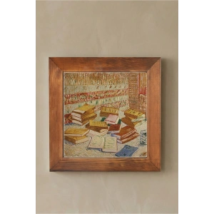 Vincent Van Gogh - French Novels and Glass With a Rose - Doğal Ahşap Çerçeveli Taş Tablo