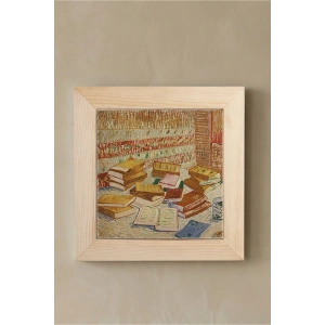 Vincent Van Gogh - French Novels and Glass With a Rose - Doğal Ahşap Çerçeveli Taş Tablo