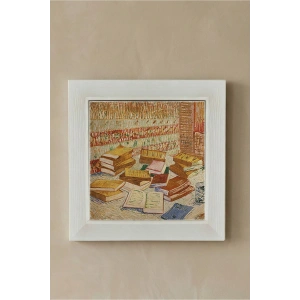 Vincent Van Gogh - French Novels and Glass With a Rose - Doğal Ahşap Çerçeveli Taş Tablo
