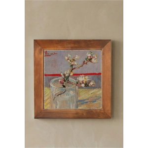 Vincent Van Gogh - Blossoming Almond Branch in a Glass- Doğal Ahşap Çerçeveli Taş Tablo