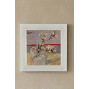 Vincent Van Gogh - Blossoming Almond Branch in a Glass- Doğal Ahşap Çerçeveli Taş Tablo