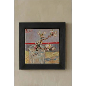 Vincent Van Gogh - Blossoming Almond Branch in a Glass- Doğal Ahşap Çerçeveli Taş Tablo