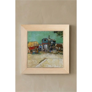 Vincent Van Gogh - Encampment of Gypsies with Caravans - Doğal Ahşap Çerçeveli Taş Tablo
