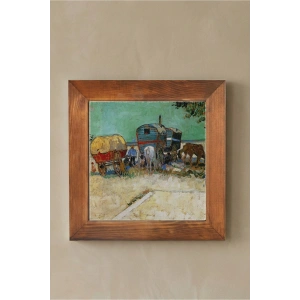 Vincent Van Gogh - Encampment of Gypsies with Caravans - Doğal Ahşap Çerçeveli Taş Tablo