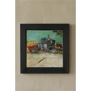 Vincent Van Gogh - Encampment of Gypsies with Caravans - Doğal Ahşap Çerçeveli Taş Tablo
