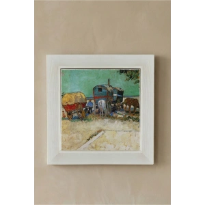 Vincent Van Gogh - Encampment of Gypsies with Caravans - Doğal Ahşap Çerçeveli Taş Tablo
