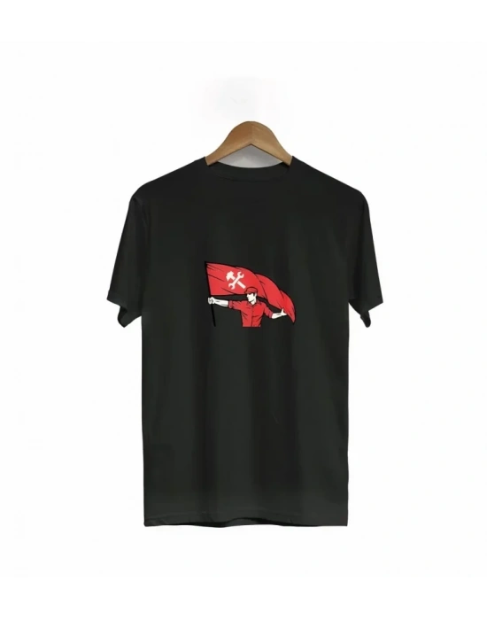 1 Mayıs Emek Ve Dayanışma Bayraklı Emekçi Baskılı Bisiklet Yaka T-shirt - Siyah