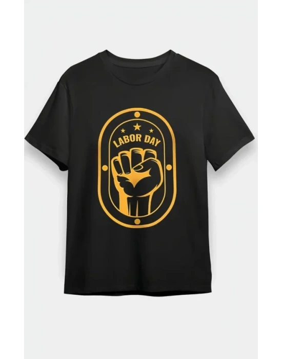 1 Mayıs Labor Day Emekçi Temalı Baskılı Oversize Bisiklet Yaka T-shirt - Siyah
