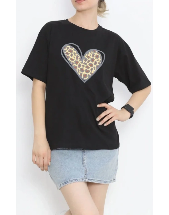 14 Şubat Sevgililer Günü Leopar Kalp Baskılı Oversize Bisiklet Yaka T-shirt - Siyah