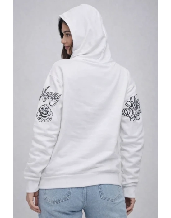 3 İplik Pamuklu Kapüşonlu Baskılı SweatShirt Hoodie - Beyaz