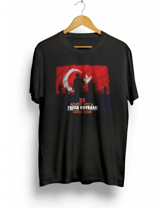 30 Ağustos Zafer Bayramı Atatürk Baskılı Oversize Bisiklet Yaka T-shirt - Siyah