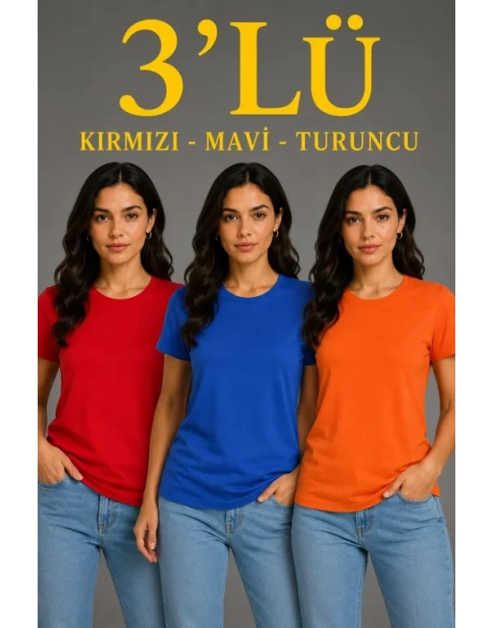 3’lü Kısa Kollu Bisiklet Yaka Basic Slim Fit T-Shirt - Kırmızı - Mavi - Turuncu