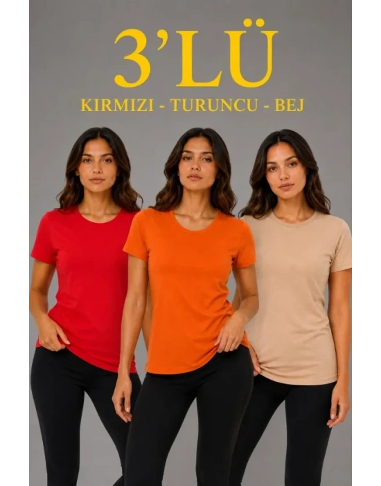 3’lü Kısa Kollu Bisiklet Yaka Basic Slim Fit T-Shirt - Kırmızı - Turuncu - Bej