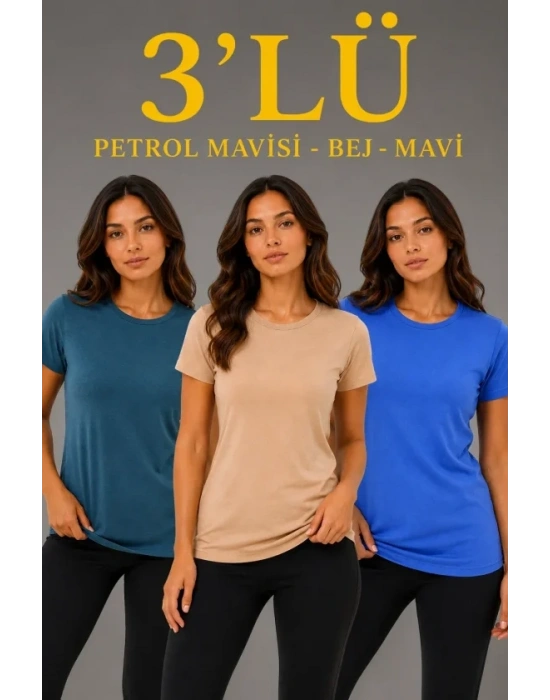 3’lü Kısa Kollu Bisiklet Yaka Basic Slim Fit T-Shirt -Petrol Mavisi  - Bej - Mavi