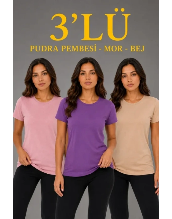 3’lü Kısa Kollu Bisiklet Yaka Basic Slim Fit T-Shirt - Pudra Pembe - Mor - Bej