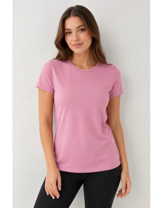 3’lü Kısa Kollu Bisiklet Yaka Basic Slim Fit T-Shirt - Pudra Pembe - Mor - Bej