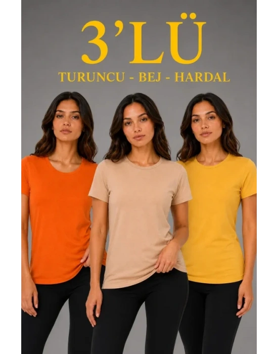 3’lü Kısa Kollu Bisiklet Yaka Basic Slim Fit T-Shirt - Turuncu - Bej - Hardal