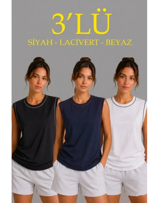 3’lü Kolsuz Sporcu Atlet Seti Yazlık Bisiklet Yaka - Siyah, Lacivert, Beyaz