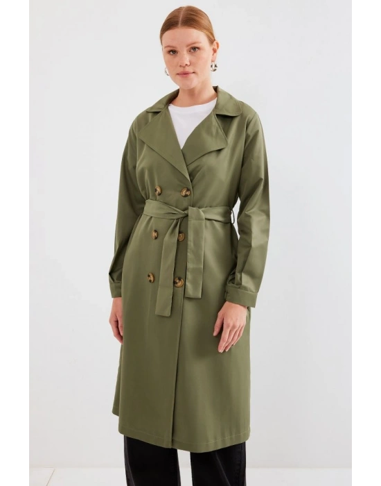 5853 Kruvaze Yaka Trençkot - Haki