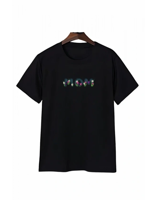 Anneler Günü Mom Çiçek Temalı Baskılı Oversize Bisiklet Yaka T-shirt - Siyah