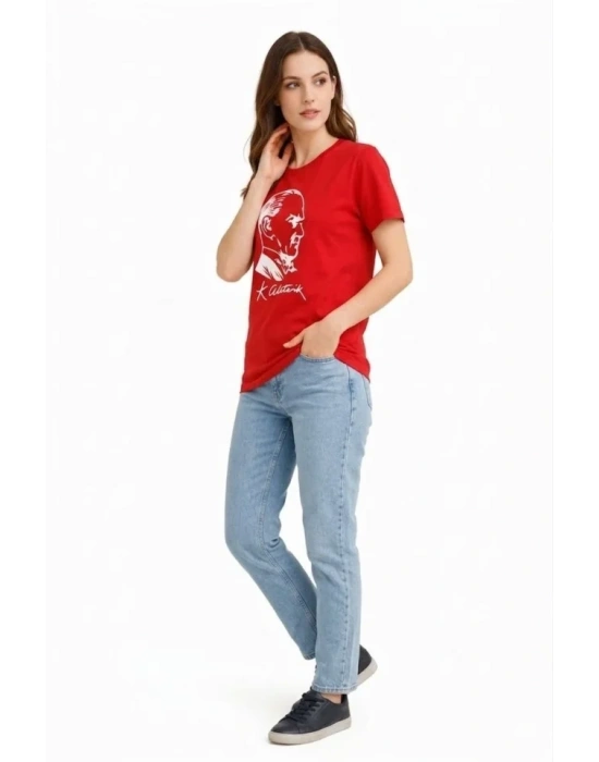 Atatürk Baskılı Tişört Kısa Kollu Bisiklet Yaka  T-Shirt - Kırmızı