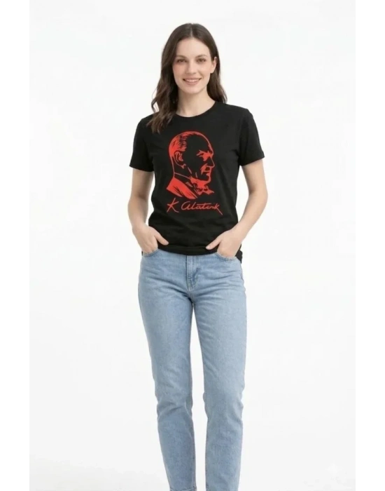 Atatürk Baskılı Tişört Kısa Kollu Bisiklet Yaka  T-Shirt - Siyah