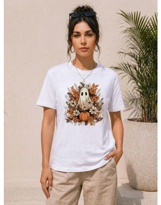 Balkabağı Hayalet Baskılı Tişört Kısa Kol Yazlık T-Shirt - Beyaz