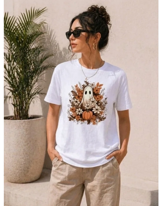 Balkabağı Hayalet Baskılı Tişört Kısa Kol Yazlık T-Shirt - Beyaz