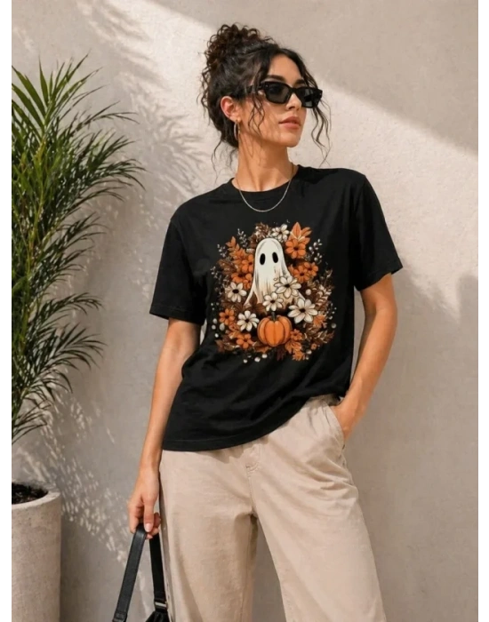 Balkabağı Hayalet Baskılı Tişört Kısa Kol Yazlık T-Shirt - Siyah