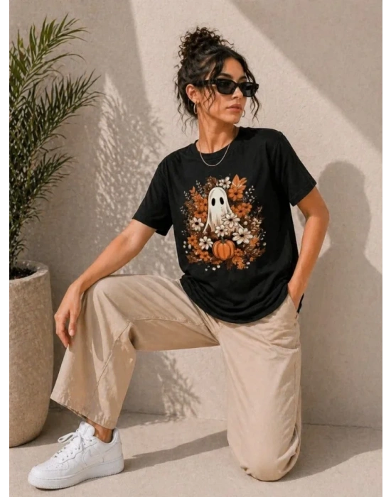 Balkabağı Hayalet Baskılı Tişört Kısa Kol Yazlık T-Shirt - Siyah