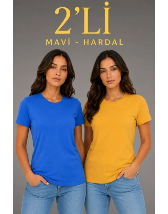 Basic Bisiklet Yaka Yazlık Slim Fit T-Shirt - Mavi - Hardal Sarısı