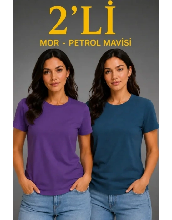 Basic Bisiklet Yaka Yazlık Slim Fit T-Shirt - Mor - Petrol Mavisi