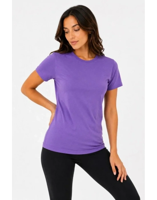 Basic Bisiklet Yaka Yazlık Slim Fit T-Shirt - Mor - Petrol Mavisi