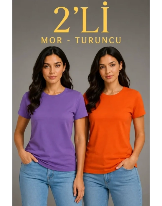 Basic Bisiklet Yaka Yazlık Slim Fit T-Shirt - Mor  - Turuncu