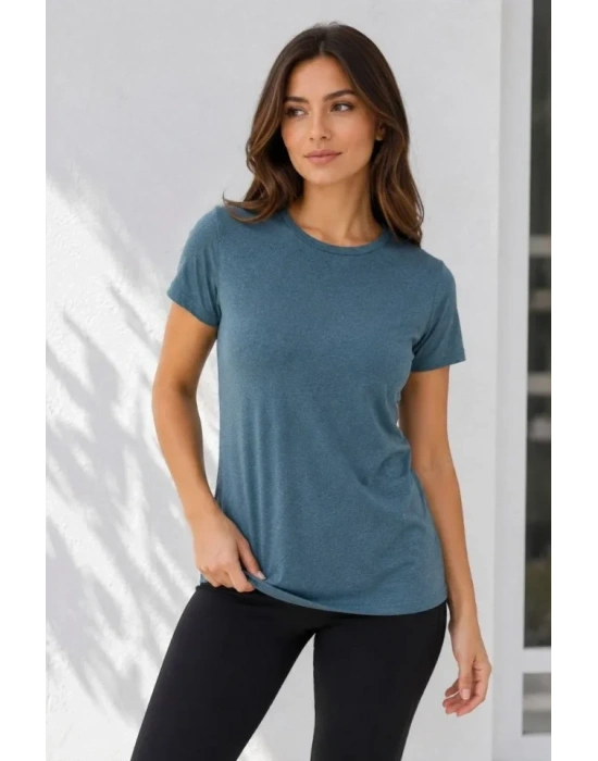 Basic Bisiklet Yaka Yazlık Slim Fit T-Shirt - Pudra Pembe - Petrol Mavi