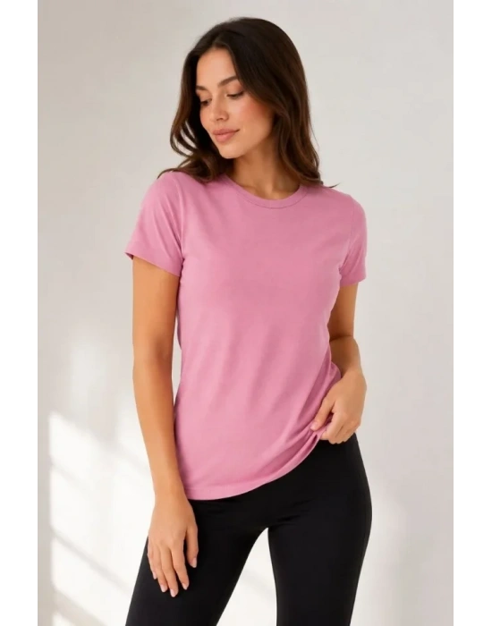 Basic Bisiklet Yaka Yazlık Slim Fit T-Shirt - Pudra Pembe - Turuncu