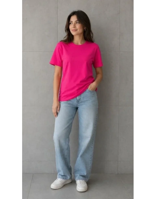 Basic Pamuklu Tişört Bisiklet Yaka Düz Renk Relaxed Fit T-Shirt - Fuşya