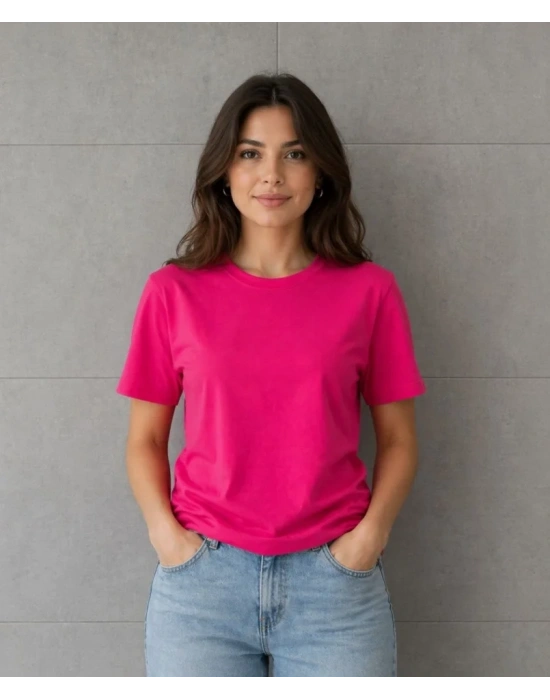 Basic Pamuklu Tişört Bisiklet Yaka Düz Renk Relaxed Fit T-Shirt - Fuşya