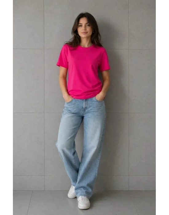 Basic Pamuklu Tişört Bisiklet Yaka Düz Renk Relaxed Fit T-Shirt - Fuşya