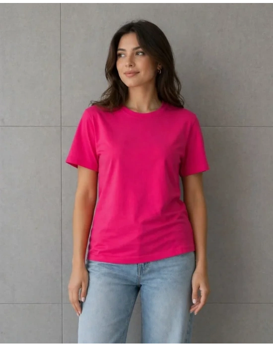 Basic Pamuklu Tişört Bisiklet Yaka Düz Renk Relaxed Fit T-Shirt - Fuşya