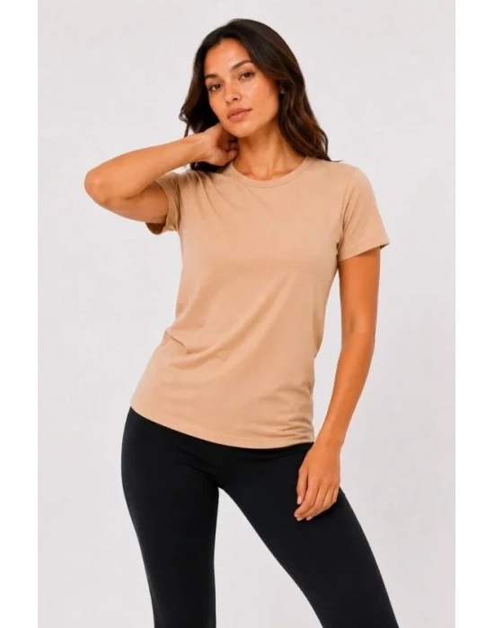 Basic Tişört Bisiklet Yaka Kısa Kol Günlük Yazlık Slim Fit T-Shirt - Bej