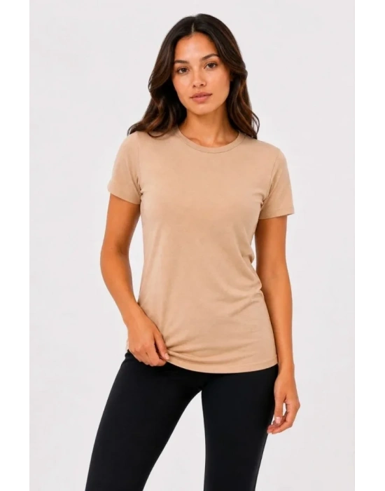 Basic Tişört Bisiklet Yaka Kısa Kol Günlük Yazlık Slim Fit T-Shirt - Bej