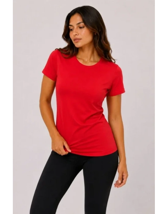 Basic Tişört Bisiklet Yaka Kısa Kol Günlük Yazlık Slim Fit T-Shirt - Kırmızı