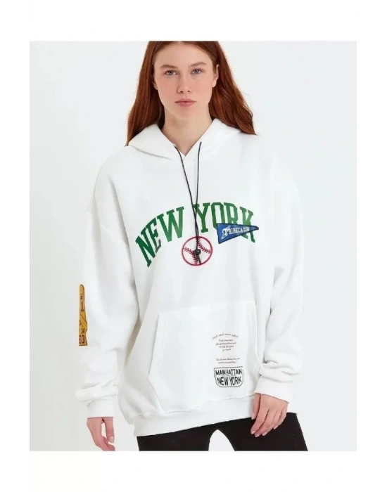 Baskılı Kapüşonlu Sweatshirt - Beyaz